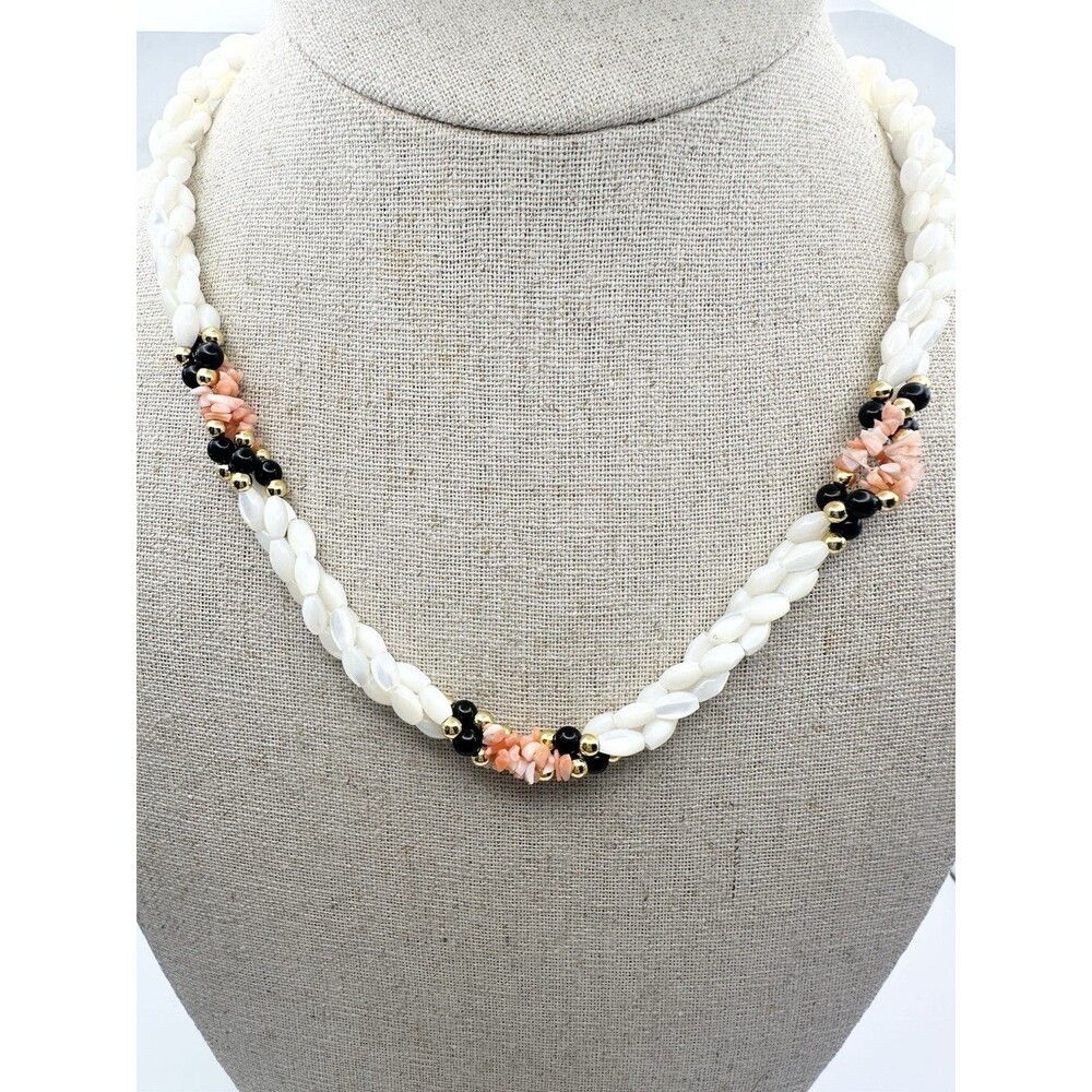 Vintage Mother Of Pearl Coral Black Onyx Twisted Beaded Necklace 18”
